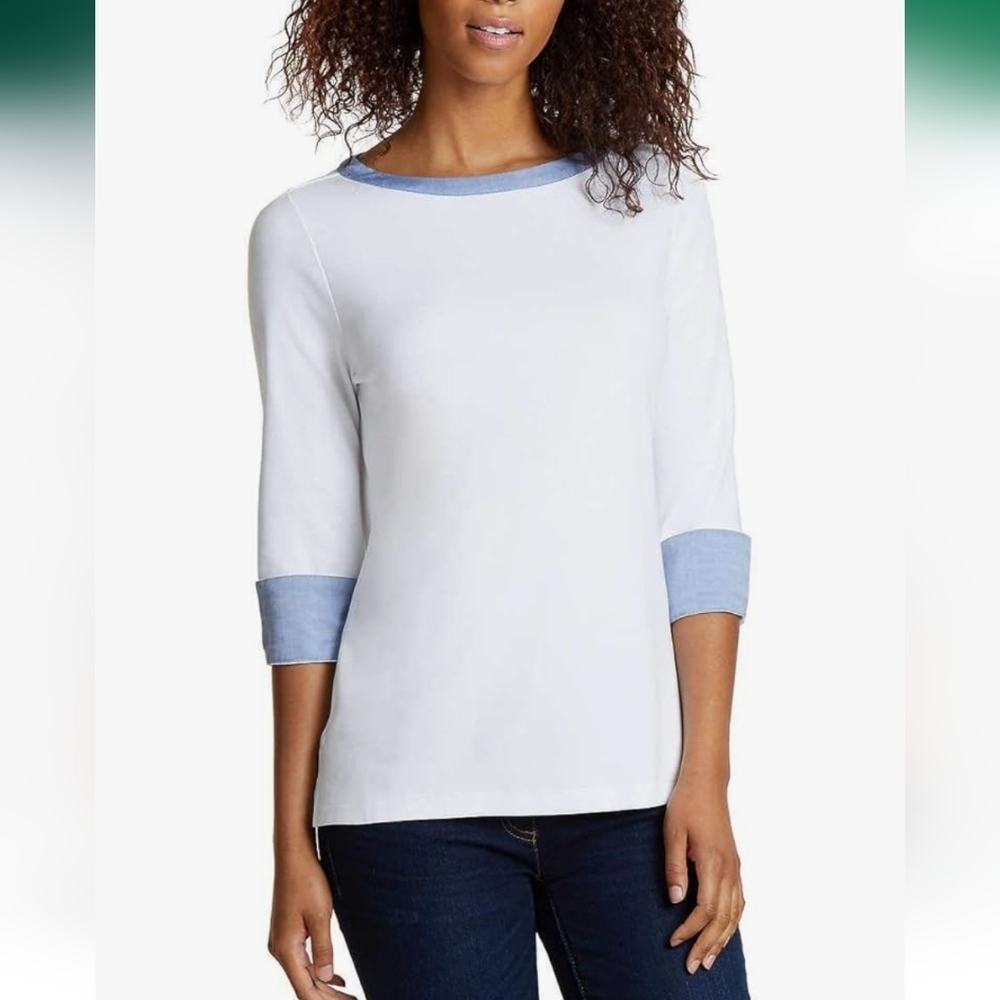 Nautica White W/ Blue Cuffed Chambray Sleeves Cotton Boat Neck Top Size Medium